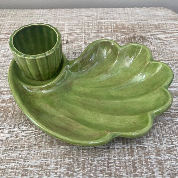 Trinket Dish, Vintage Ceramic Green Shell , with Small Cup, EUC - Picture 7 of 7